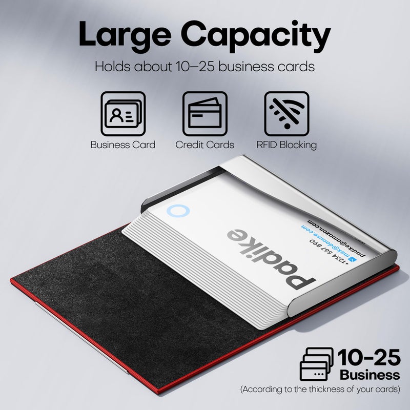 Padike Business Card Holder, Red Faux Leather Wallet with Stainless Steel, RFID Protected - Image 2